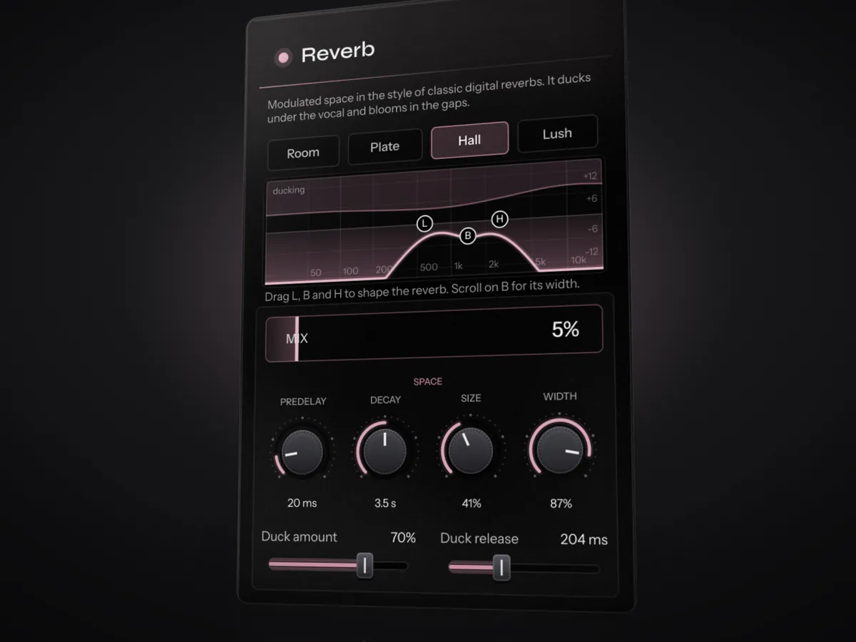 Reverb in Instinct with a filtered EQ curve and ducking